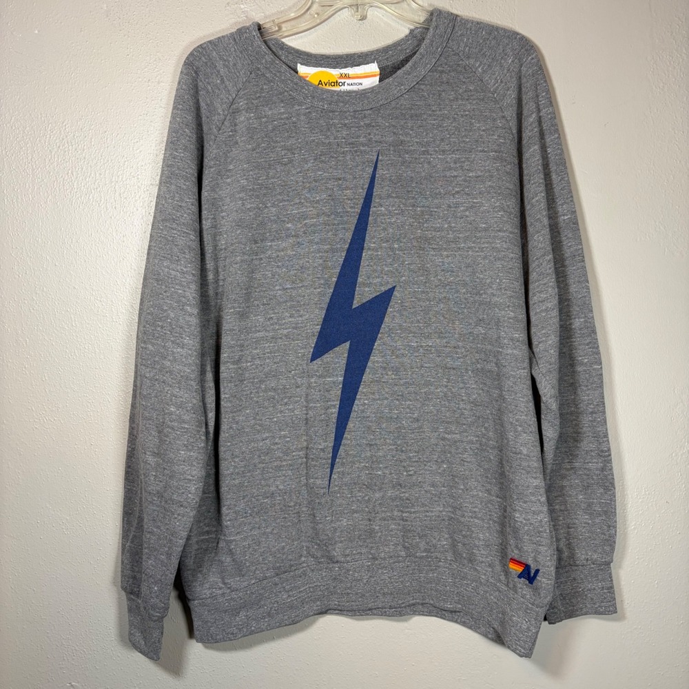 Aviator Nation Gray Lightning Bolt Sweatshirt XXL Mens Raglan Pullover Heathered